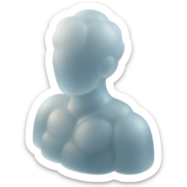 person from shoulders up, facing straight, fully composed of white fluffy convex clouds, no shadows, matte glass style sticker