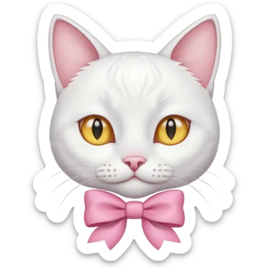 white cat sitting and she has a pink small bow on her right ear,she has golden eyes,she's fully white,even her ears,the only color is the pink small bow on her right ear,the cat is small sticker