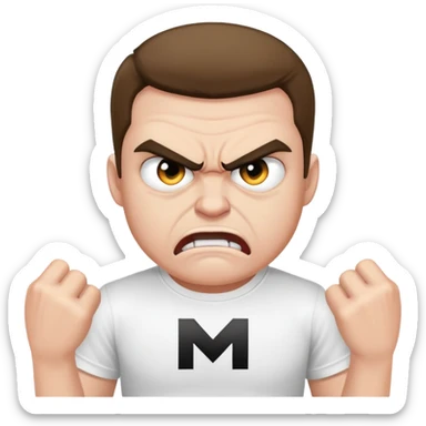 A angry man wearing a white t-shirt with a big black M on the t-shirt  sticker
