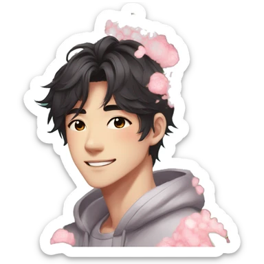 Gorgeous bright sparkly romantic Asian anime style guy with blushing face and flowers aesthetic trending style outside sticker