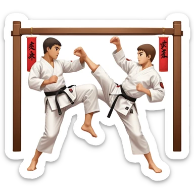 Two karate fighters in traditional gi sparring. One executes a high kick aimed at the opponent’s head, while the other blocks with a strong hand defense. The background features a classic dojo with wooden flooring and banners. Dynamic motion and focused expressions. Transparent background. sticker