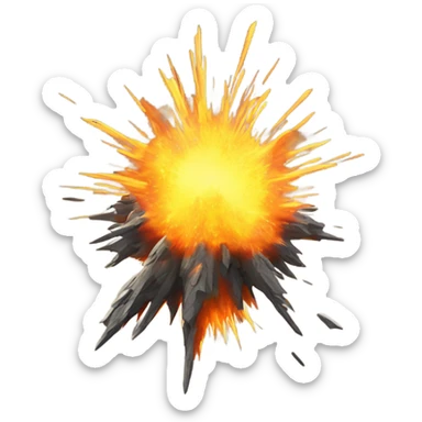 A large, fiery explosion with orange and yellow flames bursting outward, sending debris flying, with a shockwave of energy radiating from the center. sticker
