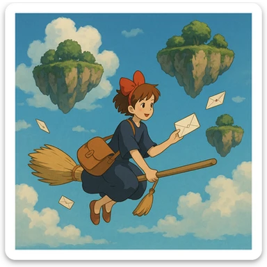 A mail carrier girl on a broomstick delivering letters to flying islands.

 sticker