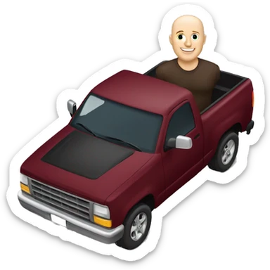Bald Caucasian man driving maroon pickup truck sticker