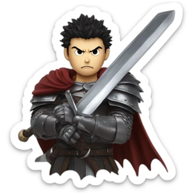 angry berserk guts carrying a huge sword on his shoulder framed on his bust sticker