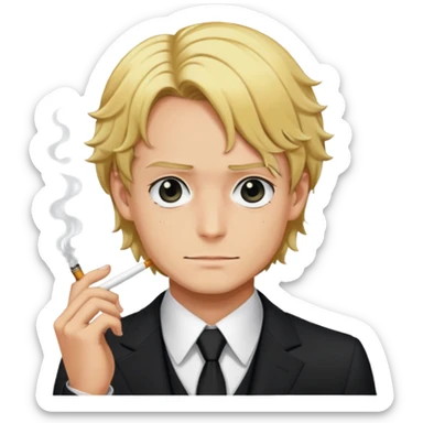 Sanji with blonde hair, black suit, cigarette, curly eyebrow sticker
