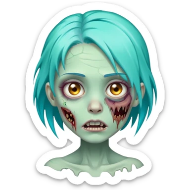 female zombie with bright turquoise hair, rotting skin, sunken eyes, cute but scary sticker