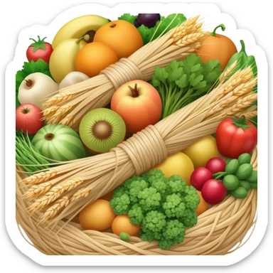 Close-up of a bundle of fiber strands intertwined with small vegetable, fruit, and grain icons, showing microscopic view of dietary fiber structure sticker