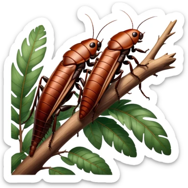 Giant Madagascar cockroaches perched on a branch, showcasing their large, shiny bodies and unique texture. The background includes soft lighting with a natural, leafy atmosphere. Transparent background. sticker