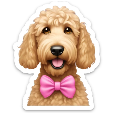 golden doodle with a pink bow on its head  sticker