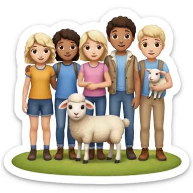 5 persons (3 girls and 2 boys) and a sheep sticker