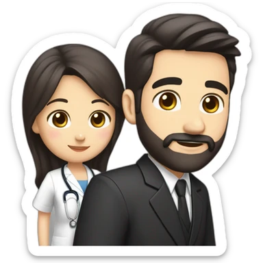 husband american age 50 dark brown hair trimmed beard wearing dark business suit holding bible together, wife asian age 50 black hair wearing nurse uniform, no children sticker