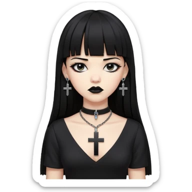 vampira parda com cabelo preto longo e liso e franja, olhos pretos, brincos em formato de cruz, choker em formato de cruz, roupa preta com decote, batom preto e séria sticker