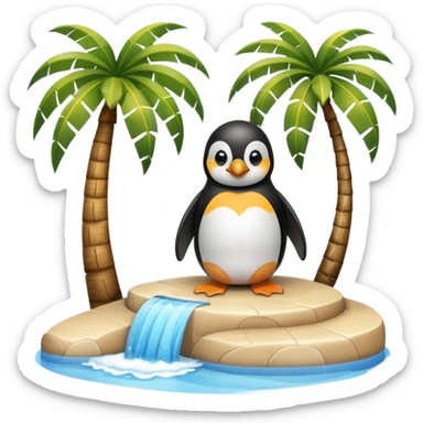 a penguin sitting by a palm tree and pool at the seaside with waves sticker
