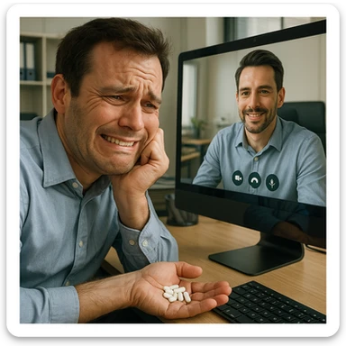 Close-up of a man in his mid-30s on a video call, forced smile, hand under desk gripping caffeine pills, computer screen reflection reveals slouched posture, virtual avatar appears confident, hyperrealistic 4K, office setting sticker