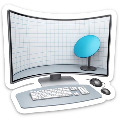 Create an emoji for 3D visualization and modeling. Show a 3D object like room model with grid lines on a big curved monitor. Add a modeling tool a mouse and stylus. Use modern, professional colors. Do not include any emojis or smiley faces. Make the background transparent. sticker