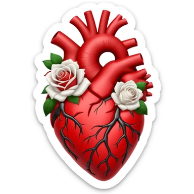 Anatomical heart With black and crimson veins and white roses sticker