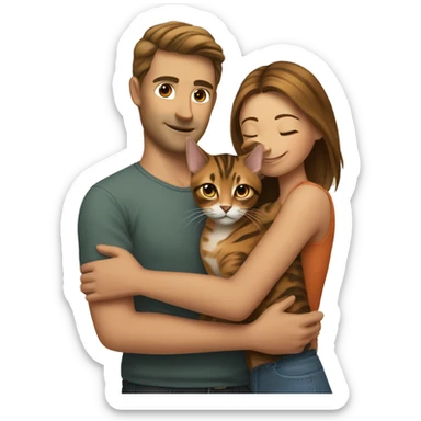 A man hugs a brown-haired skinny hot woman and a bengal cat sticker