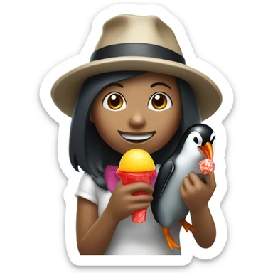 Girl with penguin in hat eating a ring pop sticker