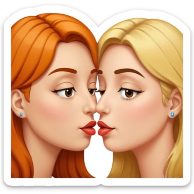 portrait two women nose-touch then kiss, one eye open teasing sticker