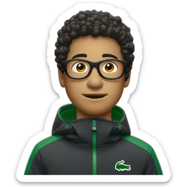 Un garçon blanc qui porte das lunettes de ski, il a les cheveux noirs et un survetement de lacoste sticker