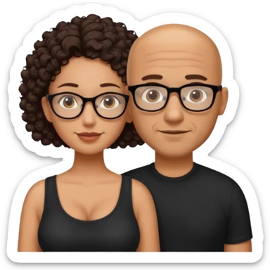 A picture of a tanned couple. the man is a Mexican man with tanned skin, no glasses, a bald hair cut, short beard and wearing a black shirt. the woman is wearing glasses, with long curly dark brown hair and with big boobs  sticker