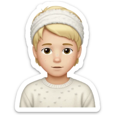 create-a-look-for-a-blond-boy-with-long-tousled-hair-light-eyes-a-white-sweat + fluffy white sweater + styled hair blonde with hair to the side cute + cute face with freckles  medium hair fluffy to the side no long hair cute hair blonded no messy medium height blue eyes cute + headband sticker
