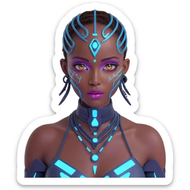 Futuristic African woman with cybernetic enhancements, holographic makeup, techno-tribal aesthetics, and neon lighting sticker