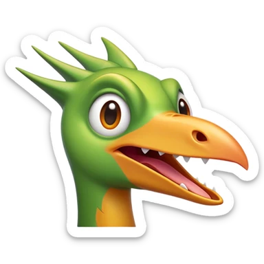 Cinematic Comical Pterodactyl Portrait Emoji, Head tilted dramatically with an exaggeratedly shocked expression, featuring a sleek, streamlined body with a quirky, animated beak and wide, comically expressive eyes full of playful disbelief, Simplified yet hilariously expressive features, highly detailed, glowing with a slightly sassy ethereal glow, high shine, dramatic yet playful, stylized with an air of cheeky prehistoric mischief, soft glowing outline, capturing the essence of a meme-worthy Pterodactyl that looks ready to side-eye its way into viral fame! sticker