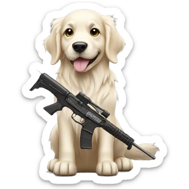 White golden retriever with a rifle sticker
