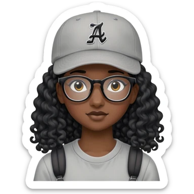 Nữ 15 tuổi, da đen, đeo kính gọng màu đen, tóc dài( màu đen, xoăn), mũ lưỡi trai quay ngược, áo màu ghi sticker