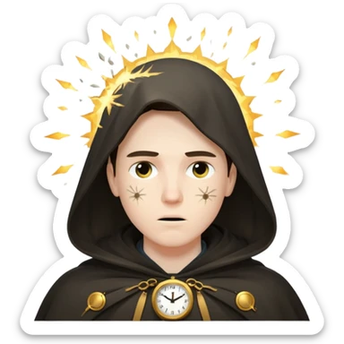 Character standing calm while clock fragments explode past, cloak barely moving sticker