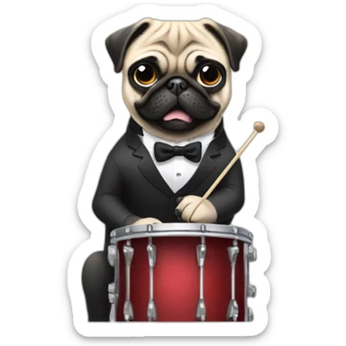 Pug with bow tie and suit playing drums sticker