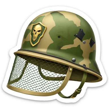 Military helmet with camouflage netting
 sticker