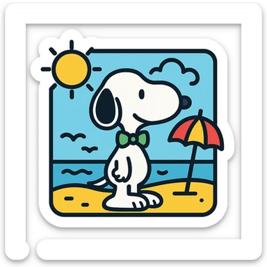 Snoopy, outlined and colorful, with a green bowtie, with a beach background sticker