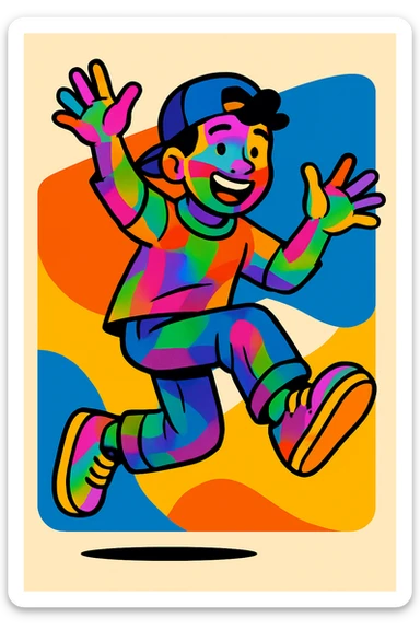 Make the man's skin colorful, with vibrant, lively hues and a playful, artistic look, keeping the energetic style and expression. sticker