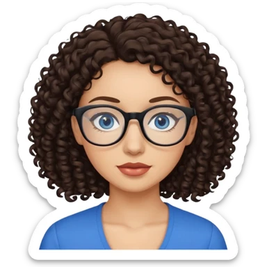 a woman, 30 years old, light skin with dark brown curly hair. eyeglasses. Black top. blue eyes. sticker