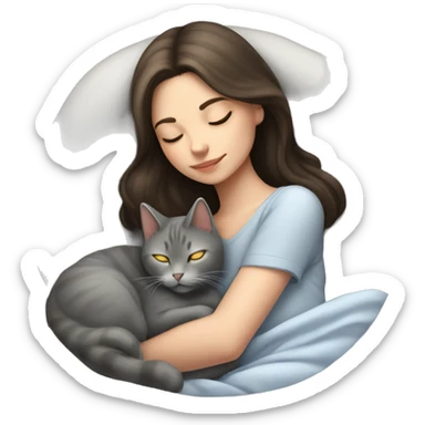 Brunette girl sleeping and grey cat beside her sticker
