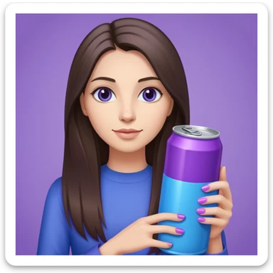 woman with long straight brunette hair holding a purple and blue can sticker