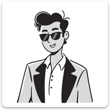 A 30-year-old Latino male musician with a piercing in one ear, wearing sunglasses, with a fashionable short hairstyle styled up and to one side, smiling confidently and wearing a jacket, shrugging his shoulders with a carefree attitude sticker