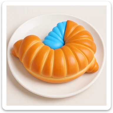 Put the blue Danish croissant on a white plate, keep the original 3D emoji style sticker