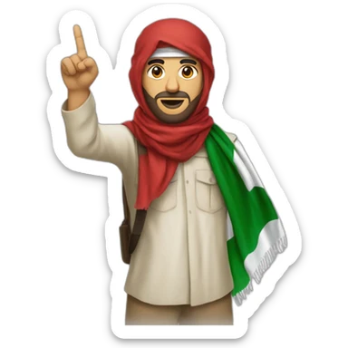 Palestinian Red Shemagh with the Palestinian scarf and his skin color is white and he raises his index finger  sticker