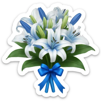 bouquet of white and blue lilies with a blue bow around it sticker
