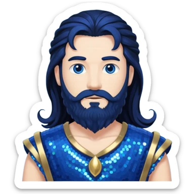 Neptune, King of the Sea from Gods and Goddesses with long black hair and beard, cobalt blue sequin outfit sticker