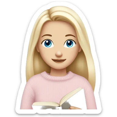 Pretty blue eyed white girl with light pink sweater reading cozy sticker