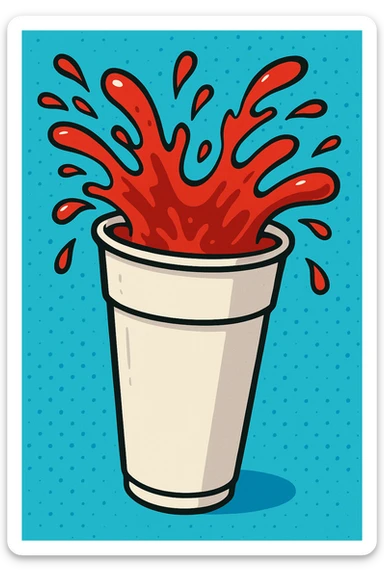 a tall white Styrofoam cup with red gel splashing out, stylized illustration, bold colors, dynamic motion sticker