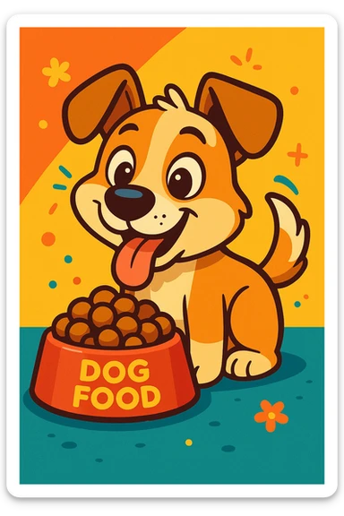 cute dog eating dog food, vibrant toon style, illustration, charming and playful sticker
