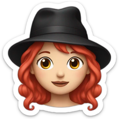 A girl with red hair and wearing a black hat with Hello Kitty drawn on it  sticker