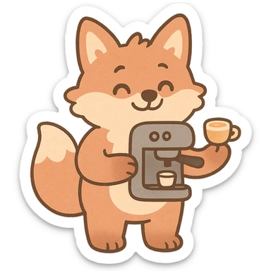 soft pastel style, coffee maker fox, soft fluffy, holding a tiny latte cup, soft pastel brown and beige tones, full-body sticker