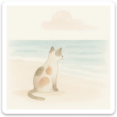 cat on a beach, watercolor style sticker